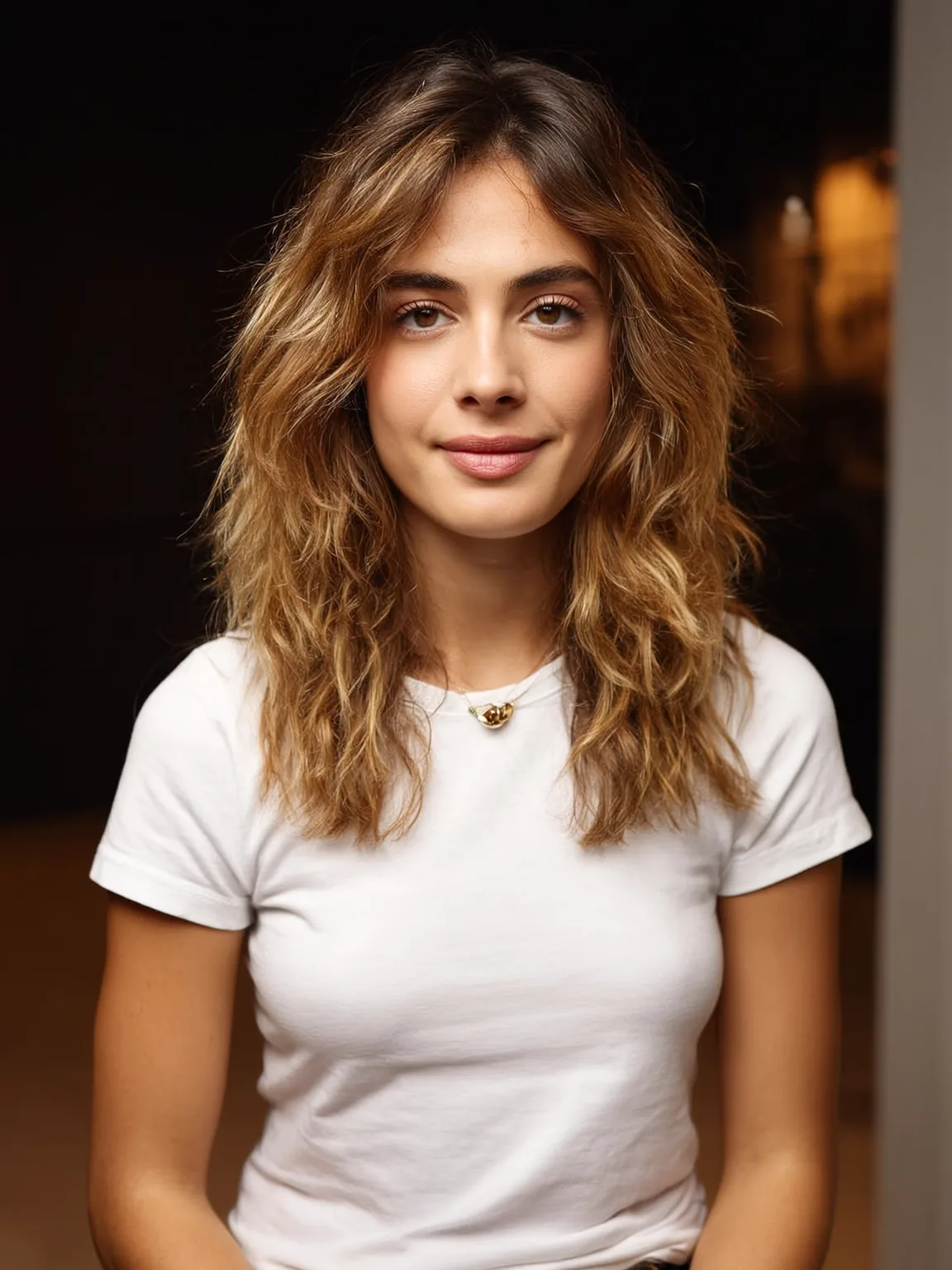 warm caramel brown with subtle blonde highlights layered shag